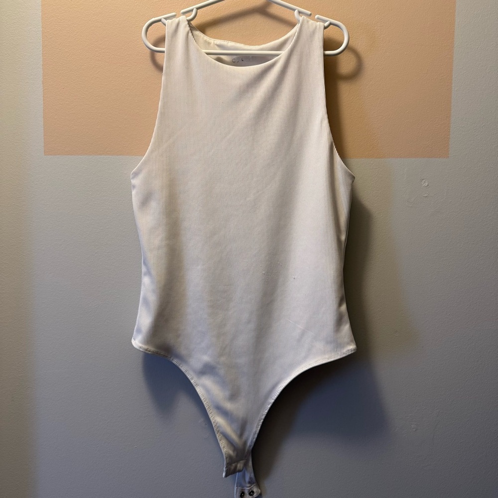 Ribbed White Thong Bodysuit Tank Top Women’s M